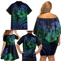 Hawaiian Sea Turtle Family Matching Off Shoulder Short Dress and Hawaiian Shirt Blue Hibiscus Flowers and Kakau Pattern LT9 - Polynesian Pride