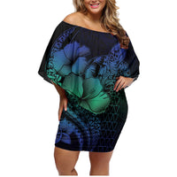Hawaiian Sea Turtle Family Matching Off Shoulder Short Dress and Hawaiian Shirt Blue Hibiscus Flowers and Kakau Pattern LT9 Mom's Dress Blue - Polynesian Pride