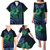Hawaiian Sea Turtle Family Matching Puletasi and Hawaiian Shirt Blue Hibiscus Flowers and Kakau Pattern LT9 - Polynesian Pride