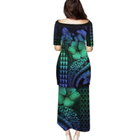 Hawaiian Sea Turtle Family Matching Puletasi and Hawaiian Shirt Blue Hibiscus Flowers and Kakau Pattern LT9 - Polynesian Pride