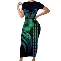 Hawaiian Sea Turtle Family Matching Short Sleeve Bodycon Dress and Hawaiian Shirt Blue Hibiscus Flowers and Kakau Pattern LT9 Mom's Dress Blue - Polynesian Pride