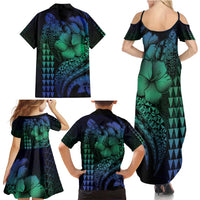 Hawaiian Sea Turtle Family Matching Summer Maxi Dress and Hawaiian Shirt Blue Hibiscus Flowers and Kakau Pattern LT9 - Polynesian Pride