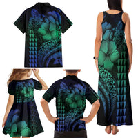 Hawaiian Sea Turtle Family Matching Tank Maxi Dress and Hawaiian Shirt Blue Hibiscus Flowers and Kakau Pattern LT9 - Polynesian Pride
