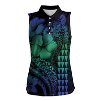 Hawaiian Sea Turtle Women Sleeveless Polo Shirt Blue Hibiscus Flowers and Kakau Pattern LT9 Female Blue - Polynesian Pride