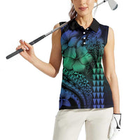 Hawaiian Sea Turtle Women Sleeveless Polo Shirt Blue Hibiscus Flowers and Kakau Pattern LT9 - Polynesian Pride