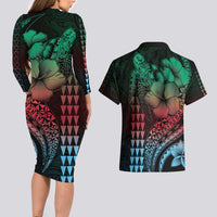 Hawaiian Sea Turtle Couples Matching Long Sleeve Bodycon Dress and Hawaiian Shirt Green Hibiscus Flowers and Kakau Pattern LT9 - Polynesian Pride