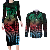 Hawaiian Sea Turtle Couples Matching Long Sleeve Bodycon Dress and Long Sleeve Button Shirt Green Hibiscus Flowers and Kakau Pattern LT9 Green - Polynesian Pride