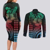 Hawaiian Sea Turtle Couples Matching Long Sleeve Bodycon Dress and Long Sleeve Button Shirt Green Hibiscus Flowers and Kakau Pattern LT9 - Polynesian Pride