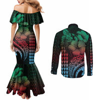 Hawaiian Sea Turtle Couples Matching Mermaid Dress and Long Sleeve Button Shirt Green Hibiscus Flowers and Kakau Pattern LT9 - Polynesian Pride