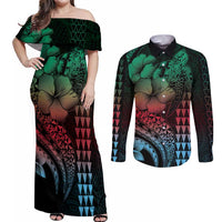 Hawaiian Sea Turtle Couples Matching Off Shoulder Maxi Dress and Long Sleeve Button Shirt Green Hibiscus Flowers and Kakau Pattern LT9 Green - Polynesian Pride
