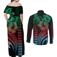 Hawaiian Sea Turtle Couples Matching Off Shoulder Maxi Dress and Long Sleeve Button Shirt Green Hibiscus Flowers and Kakau Pattern LT9 - Polynesian Pride