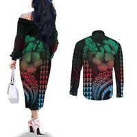 Hawaiian Sea Turtle Couples Matching Off The Shoulder Long Sleeve Dress and Long Sleeve Button Shirt Green Hibiscus Flowers and Kakau Pattern LT9 - Polynesian Pride