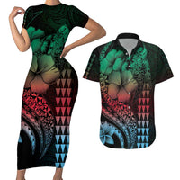 Hawaiian Sea Turtle Couples Matching Short Sleeve Bodycon Dress and Hawaiian Shirt Green Hibiscus Flowers and Kakau Pattern LT9 Green - Polynesian Pride