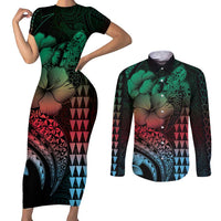 Hawaiian Sea Turtle Couples Matching Short Sleeve Bodycon Dress and Long Sleeve Button Shirt Green Hibiscus Flowers and Kakau Pattern LT9 Green - Polynesian Pride