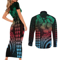 Hawaiian Sea Turtle Couples Matching Short Sleeve Bodycon Dress and Long Sleeve Button Shirt Green Hibiscus Flowers and Kakau Pattern LT9 - Polynesian Pride