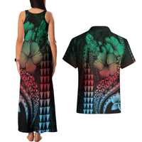 Hawaiian Sea Turtle Couples Matching Tank Maxi Dress and Hawaiian Shirt Green Hibiscus Flowers and Kakau Pattern LT9 - Polynesian Pride