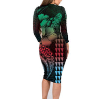 Hawaiian Sea Turtle Family Matching Long Sleeve Bodycon Dress and Hawaiian Shirt Green Hibiscus Flowers and Kakau Pattern LT9 - Polynesian Pride
