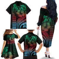 Hawaiian Sea Turtle Family Matching Off The Shoulder Long Sleeve Dress and Hawaiian Shirt Green Hibiscus Flowers and Kakau Pattern LT9 - Polynesian Pride