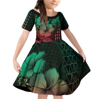 Hawaiian Sea Turtle Family Matching Off Shoulder Short Dress and Hawaiian Shirt Green Hibiscus Flowers and Kakau Pattern LT9 Daughter's Dress Green - Polynesian Pride