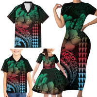 Hawaiian Sea Turtle Family Matching Short Sleeve Bodycon Dress and Hawaiian Shirt Green Hibiscus Flowers and Kakau Pattern LT9 - Polynesian Pride