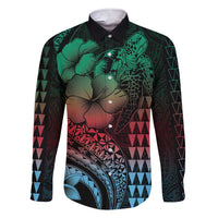 Hawaiian Sea Turtle Family Matching Short Sleeve Bodycon Dress and Hawaiian Shirt Green Hibiscus Flowers and Kakau Pattern LT9 Dad's Shirt - Long Sleeve Green - Polynesian Pride