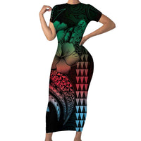 Hawaiian Sea Turtle Family Matching Short Sleeve Bodycon Dress and Hawaiian Shirt Green Hibiscus Flowers and Kakau Pattern LT9 Mom's Dress Green - Polynesian Pride