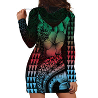 Hawaiian Sea Turtle Hoodie Dress Green Hibiscus Flowers and Kakau Pattern LT9 - Polynesian Pride