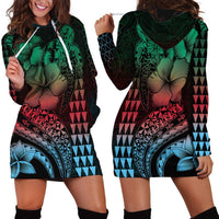 Hawaiian Sea Turtle Hoodie Dress Green Hibiscus Flowers and Kakau Pattern LT9 - Polynesian Pride