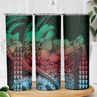 Hawaiian Sea Turtle Skinny Tumbler Green Hibiscus Flowers and Kakau Pattern LT9 - Polynesian Pride