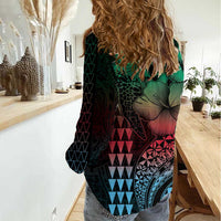 Hawaiian Sea Turtle Women Casual Shirt Green Hibiscus Flowers and Kakau Pattern LT9 - Polynesian Pride