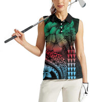 Hawaiian Sea Turtle Women Sleeveless Polo Shirt Green Hibiscus Flowers and Kakau Pattern LT9 - Polynesian Pride