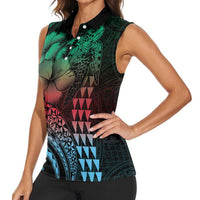 Hawaiian Sea Turtle Women Sleeveless Polo Shirt Green Hibiscus Flowers and Kakau Pattern LT9 - Polynesian Pride