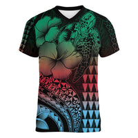 Hawaiian Sea Turtle Women V-Neck T-Shirt Green Hibiscus Flowers and Kakau Pattern LT9 Female Green - Polynesian Pride