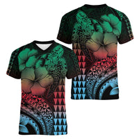 Hawaiian Sea Turtle Women V-Neck T-Shirt Green Hibiscus Flowers and Kakau Pattern LT9 - Polynesian Pride
