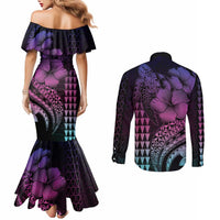 Hawaiian Sea Turtle Couples Matching Mermaid Dress and Long Sleeve Button Shirt Pink Hibiscus Flowers and Kakau Pattern LT9 - Polynesian Pride