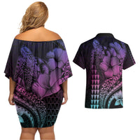 Hawaiian Sea Turtle Couples Matching Off Shoulder Short Dress and Hawaiian Shirt Pink Hibiscus Flowers and Kakau Pattern LT9 - Polynesian Pride