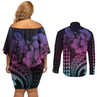 Hawaiian Sea Turtle Couples Matching Off Shoulder Short Dress and Long Sleeve Button Shirt Pink Hibiscus Flowers and Kakau Pattern LT9 - Polynesian Pride