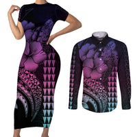 Hawaiian Sea Turtle Couples Matching Short Sleeve Bodycon Dress and Long Sleeve Button Shirt Pink Hibiscus Flowers and Kakau Pattern LT9 Pink - Polynesian Pride
