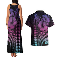 Hawaiian Sea Turtle Couples Matching Tank Maxi Dress and Hawaiian Shirt Pink Hibiscus Flowers and Kakau Pattern LT9 - Polynesian Pride
