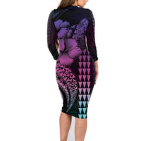 Hawaiian Sea Turtle Family Matching Long Sleeve Bodycon Dress and Hawaiian Shirt Pink Hibiscus Flowers and Kakau Pattern LT9 - Polynesian Pride