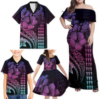 Hawaiian Sea Turtle Family Matching Off Shoulder Maxi Dress and Hawaiian Shirt Pink Hibiscus Flowers and Kakau Pattern LT9 - Polynesian Pride