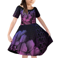 Hawaiian Sea Turtle Family Matching Off Shoulder Short Dress and Hawaiian Shirt Pink Hibiscus Flowers and Kakau Pattern LT9 Daughter's Dress Pink - Polynesian Pride
