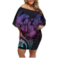 Hawaiian Sea Turtle Family Matching Off Shoulder Short Dress and Hawaiian Shirt Pink Hibiscus Flowers and Kakau Pattern LT9 Mom's Dress Pink - Polynesian Pride