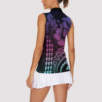 Hawaiian Sea Turtle Women Sleeveless Polo Shirt Pink Hibiscus Flowers and Kakau Pattern LT9 - Polynesian Pride