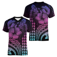 Hawaiian Sea Turtle Women V-Neck T-Shirt Pink Hibiscus Flowers and Kakau Pattern LT9 - Polynesian Pride