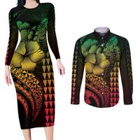 Hawaiian Sea Turtle Couples Matching Long Sleeve Bodycon Dress and Long Sleeve Button Shirt Reggae Hibiscus Flowers and Kakau Pattern LT9 Reggae - Polynesian Pride