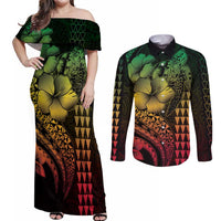Hawaiian Sea Turtle Couples Matching Off Shoulder Maxi Dress and Long Sleeve Button Shirt Reggae Hibiscus Flowers and Kakau Pattern LT9 Reggae - Polynesian Pride