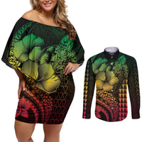 Hawaiian Sea Turtle Couples Matching Off Shoulder Short Dress and Long Sleeve Button Shirt Reggae Hibiscus Flowers and Kakau Pattern LT9 Reggae - Polynesian Pride