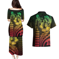 Hawaiian Sea Turtle Couples Matching Puletasi and Hawaiian Shirt Reggae Hibiscus Flowers and Kakau Pattern LT9 - Polynesian Pride