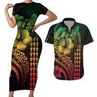 Hawaiian Sea Turtle Couples Matching Short Sleeve Bodycon Dress and Hawaiian Shirt Reggae Hibiscus Flowers and Kakau Pattern LT9 Reggae - Polynesian Pride